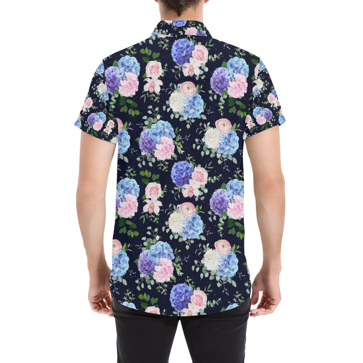 Hydrangea Pattern Print Design HD01 Men's Short Sleeve Button Up Shirt