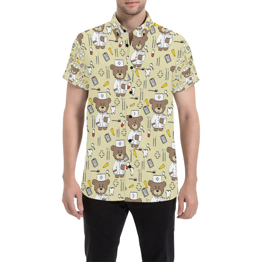 Nurse Bear Pattern Print Design A02 Men's Short Sleeve Button Up Shirt