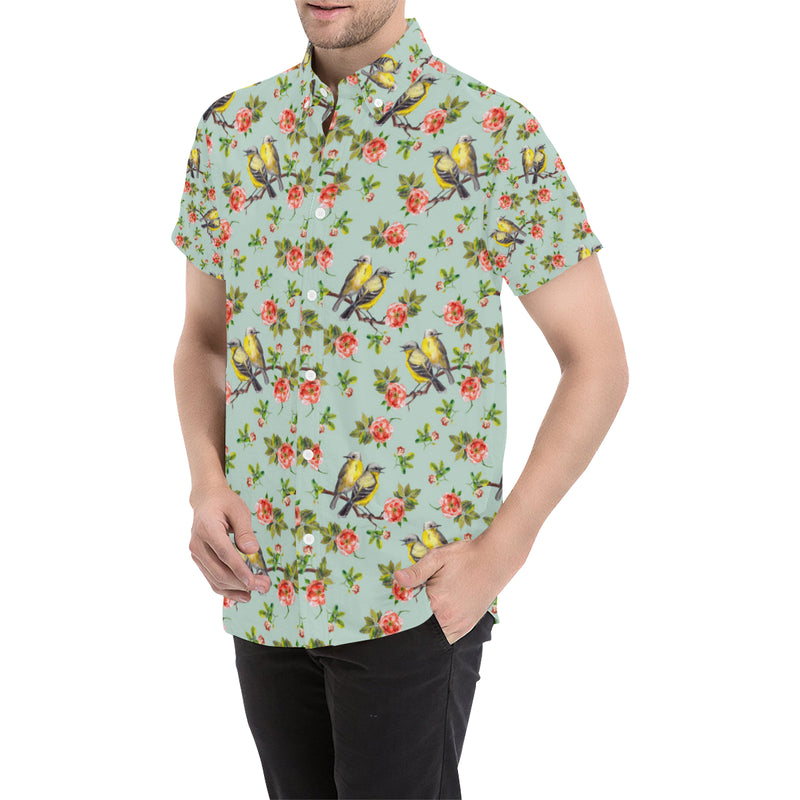 Bird with Red Flower Print Pattern Men's Short Sleeve Button Up Shirt