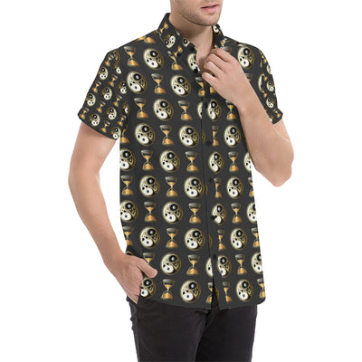 Yin Yang Skull Themed Design Print Men's Short Sleeve Button Up Shirt