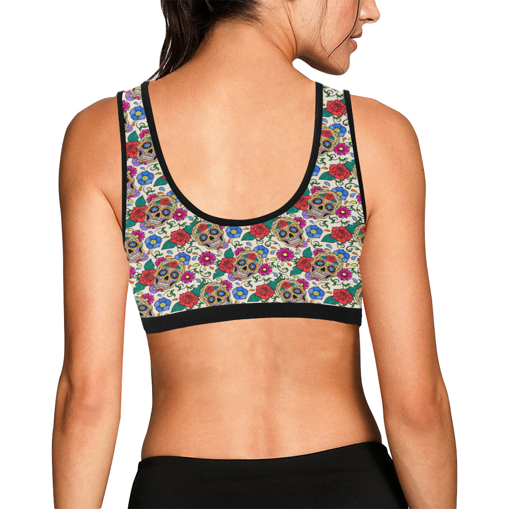 Sugar Skull Colorful Themed Print Sports Bra