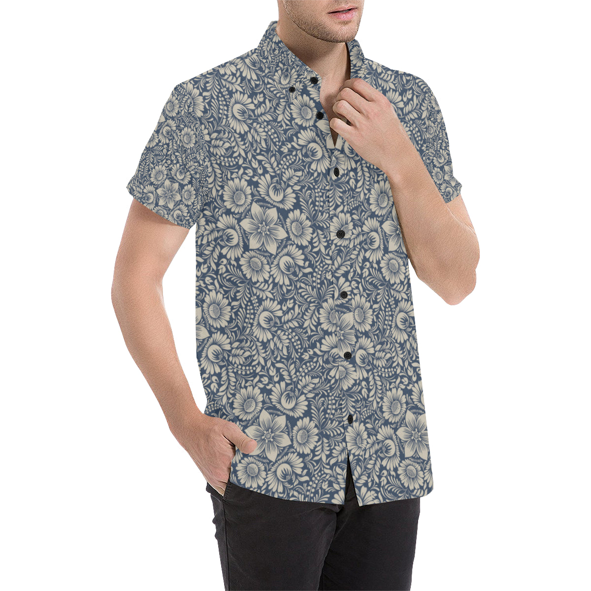 Elegant Floral Print Pattern Men's Short Sleeve Button Up Shirt