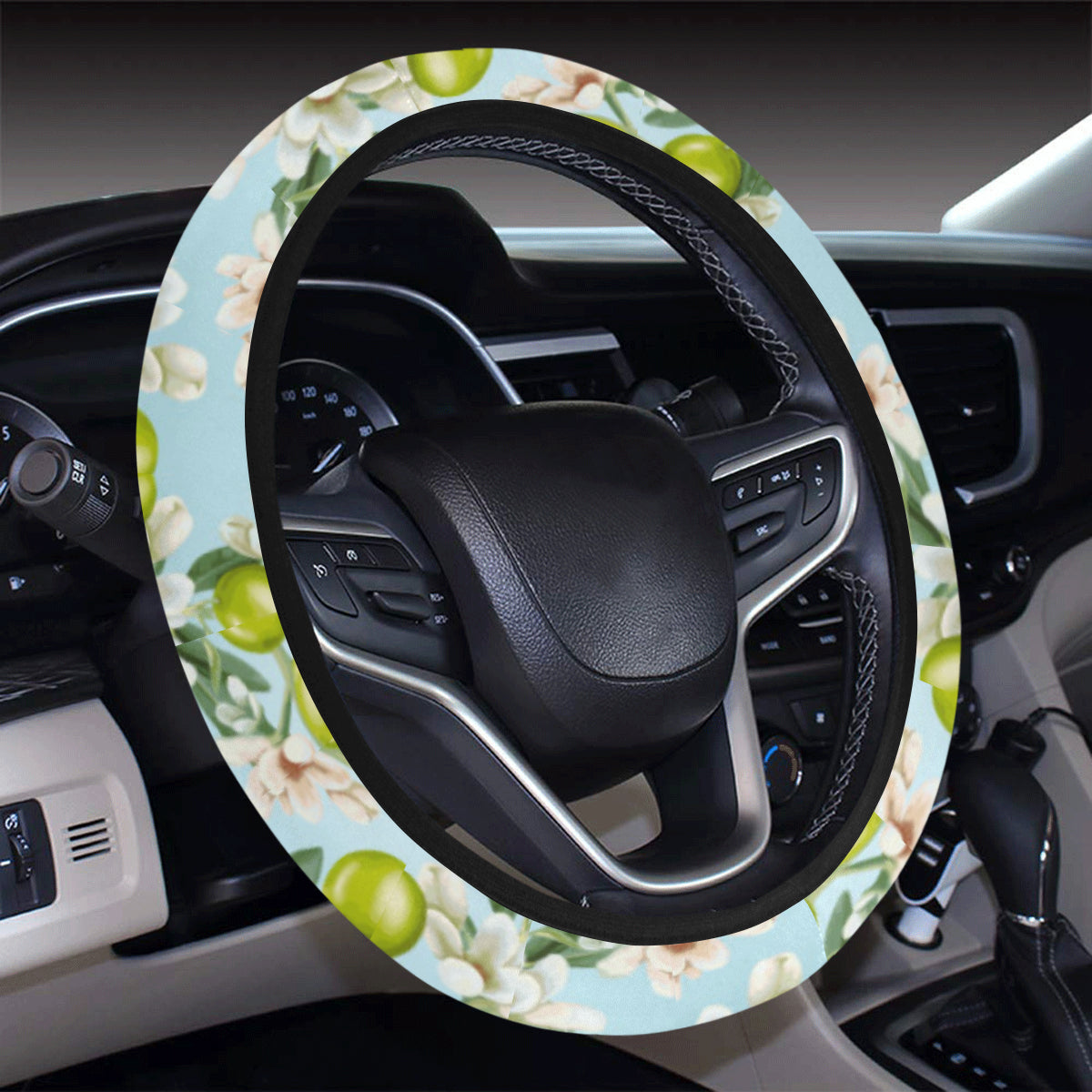 Elegant Olive Floral Print Steering Wheel Cover with Elastic Edge