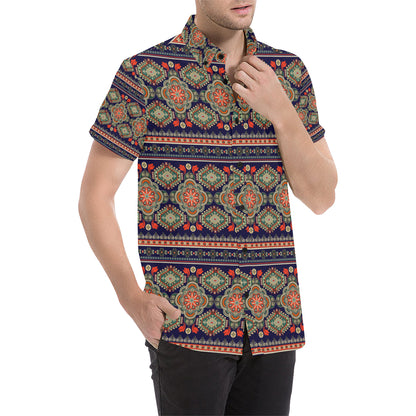 Ethnic Geometric Print Pattern Men's Short Sleeve Button Up Shirt