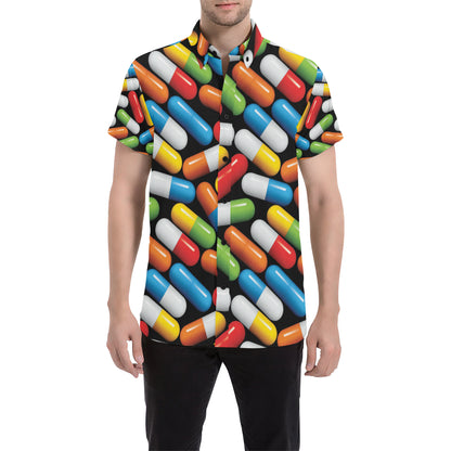 Pill Pattern Print Design A02 Men's Short Sleeve Button Up Shirt