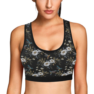 Hummingbird with Embroidery Themed Print Sports Bra