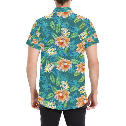 Plumeria Tropical Flower Design Print Men's Short Sleeve Button Up Shirt