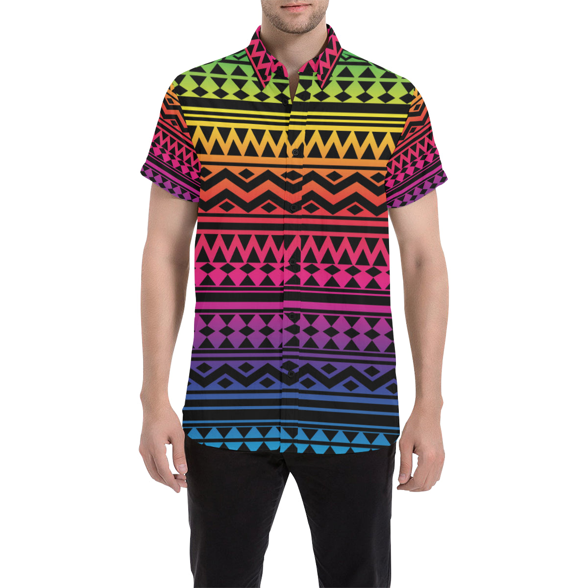 Rainbow Tribal Pattern Print Design A02 Men's Short Sleeve Button Up Shirt