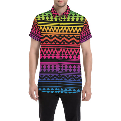 Rainbow Tribal Pattern Print Design A02 Men's Short Sleeve Button Up Shirt