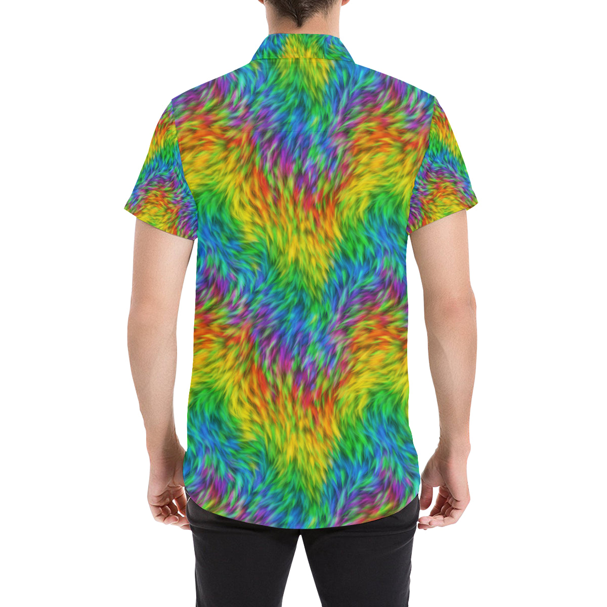 Rainbow Fur Design Print Men's Short Sleeve Button Up Shirt