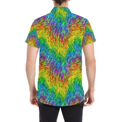 Rainbow Fur Design Print Men's Short Sleeve Button Up Shirt