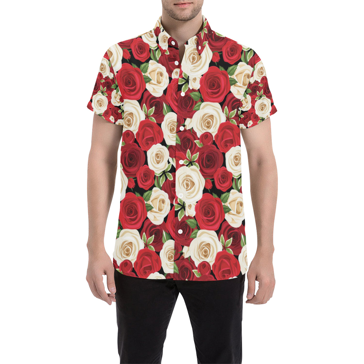 Rose Pattern Print Design RO06 Men's Short Sleeve Button Up Shirt