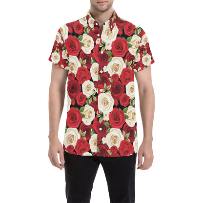 Rose Pattern Print Design RO06 Men's Short Sleeve Button Up Shirt