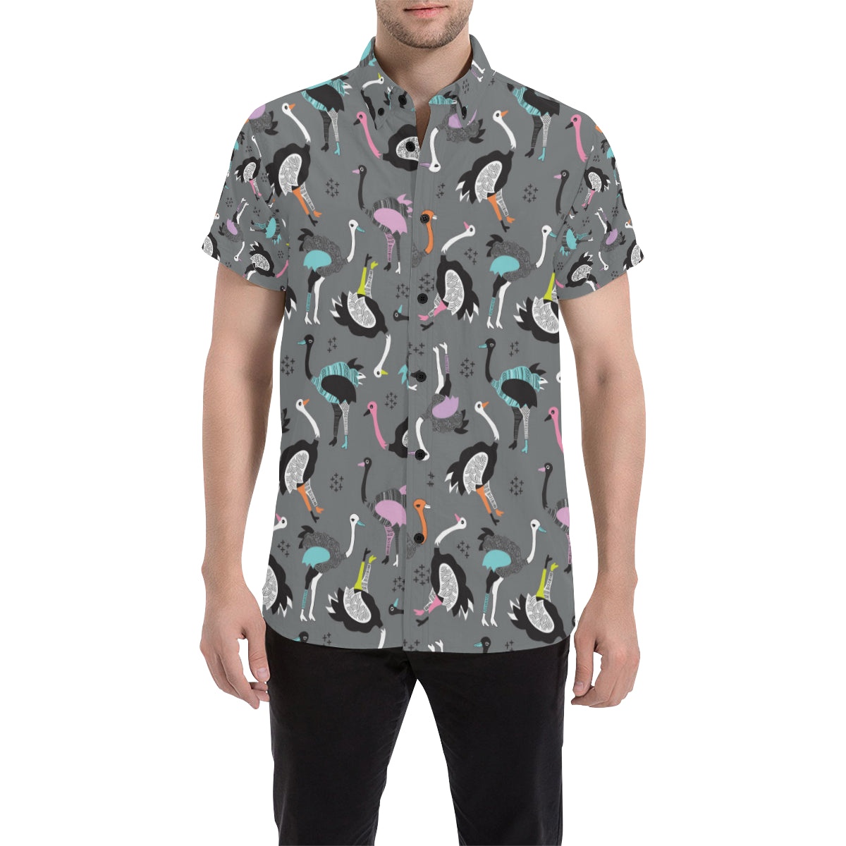 Ostrich Pattern Print Design 01 Men's Short Sleeve Button Up Shirt