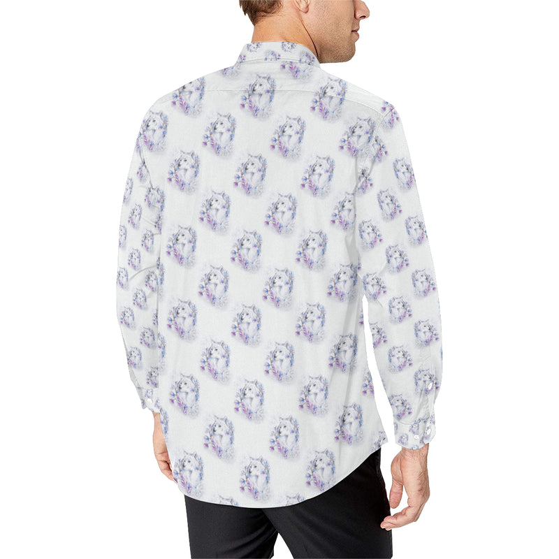 Wolf with Flower Print Design Men's Long Sleeve Shirt