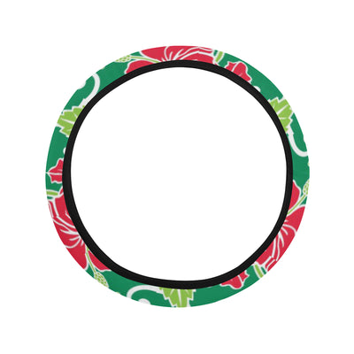 Red Hibiscus Pattern Print Design HB019 Steering Wheel Cover with Elastic Edge