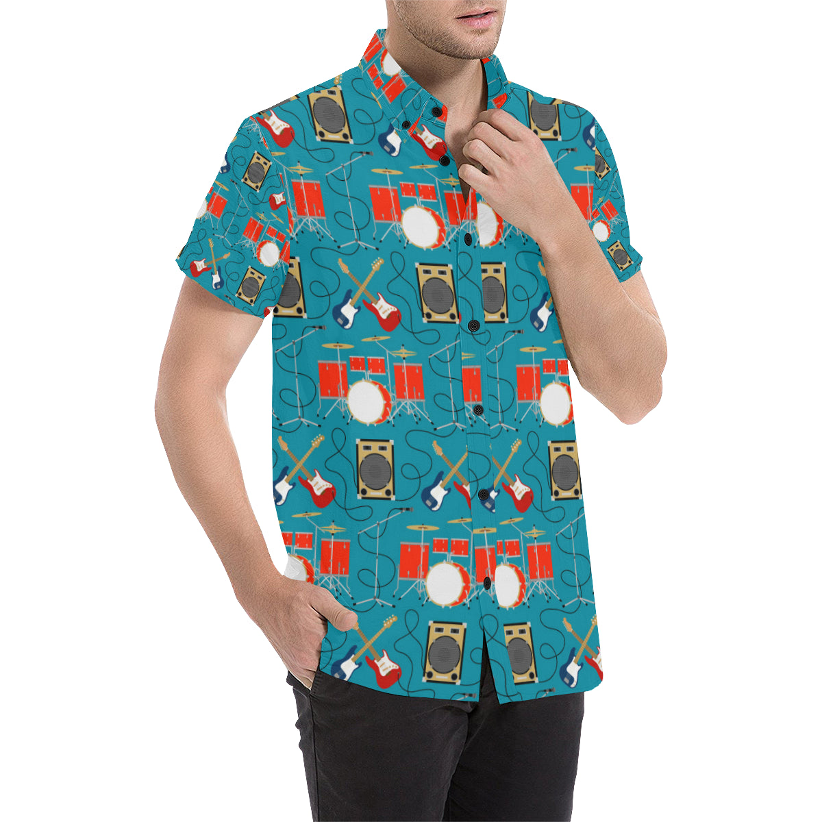 Drum Set Guitar Pattern Print Design 02 Men's Short Sleeve Button Up Shirt
