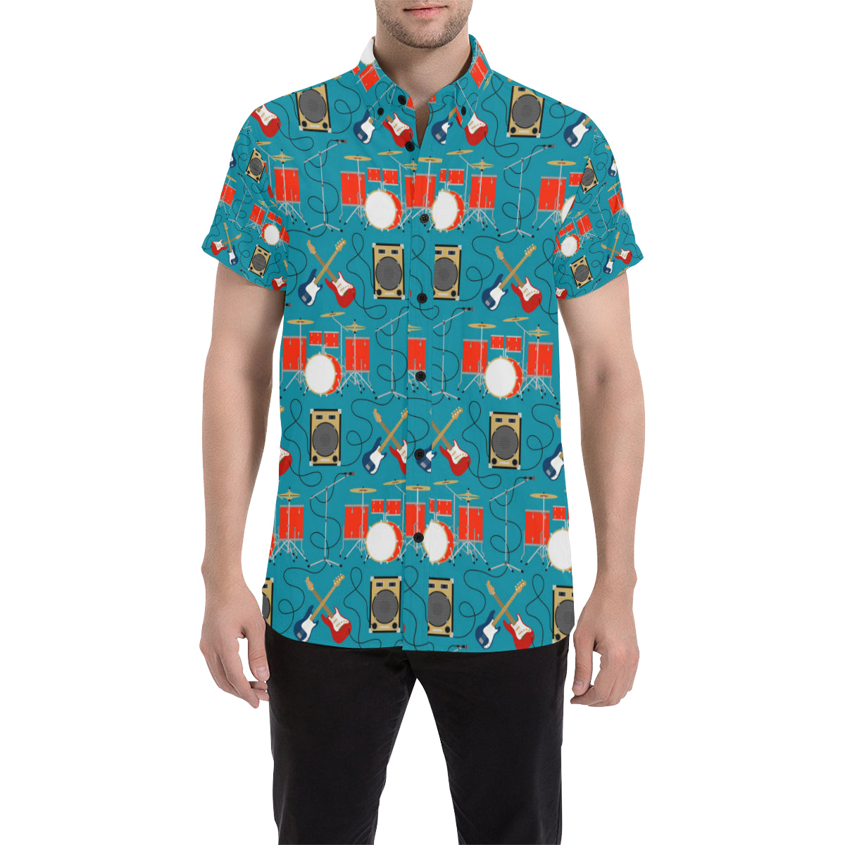 Drum Set Guitar Pattern Print Design 02 Men's Short Sleeve Button Up Shirt