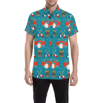 Drum Set Guitar Pattern Print Design 02 Men's Short Sleeve Button Up Shirt