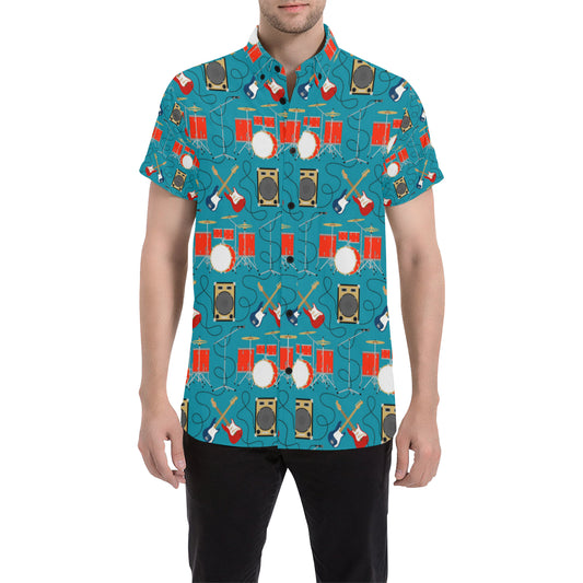 Drum Set Guitar Pattern Print Design 02 Men's Short Sleeve Button Up Shirt