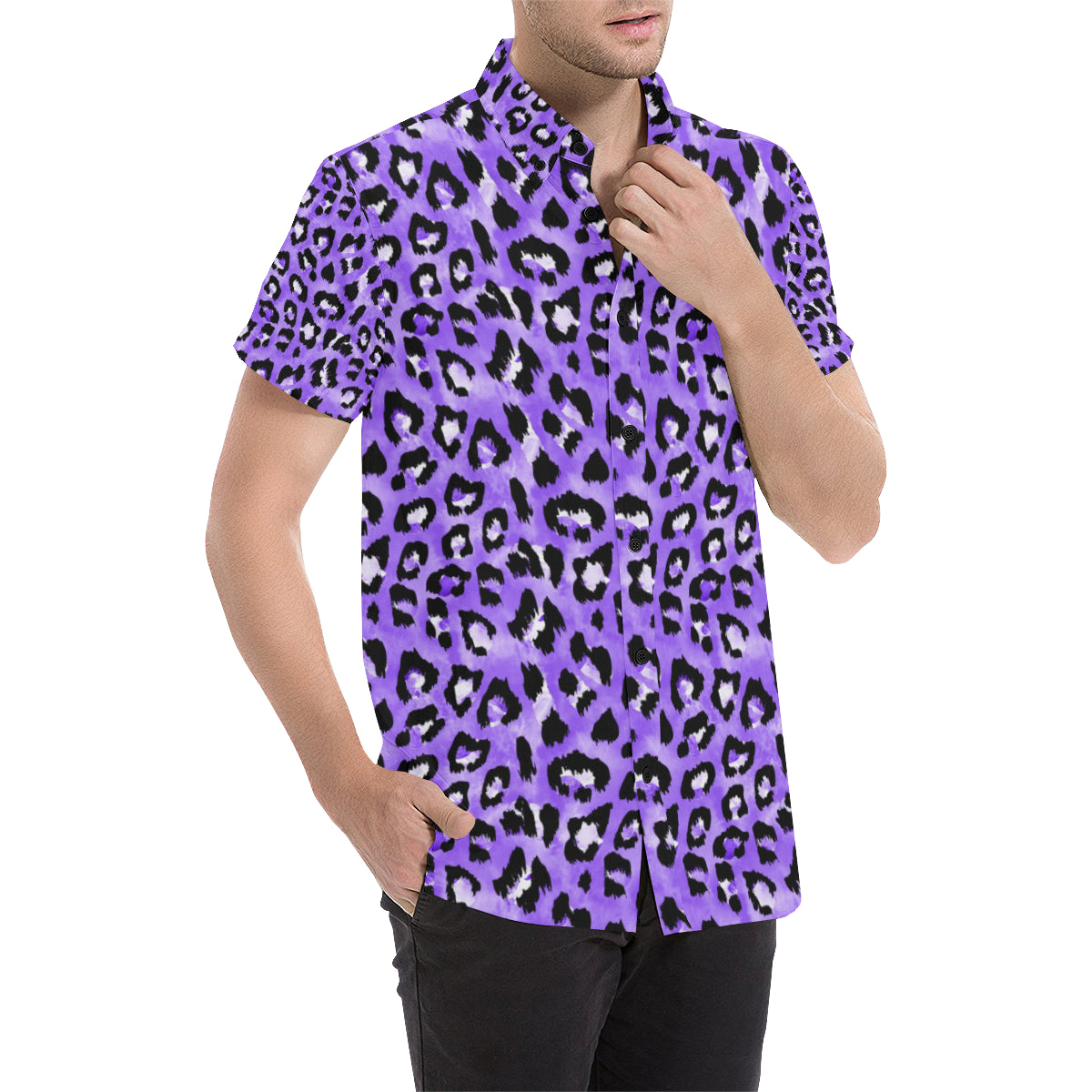 Leopard Purple Skin Print Men's Short Sleeve Button Up Shirt