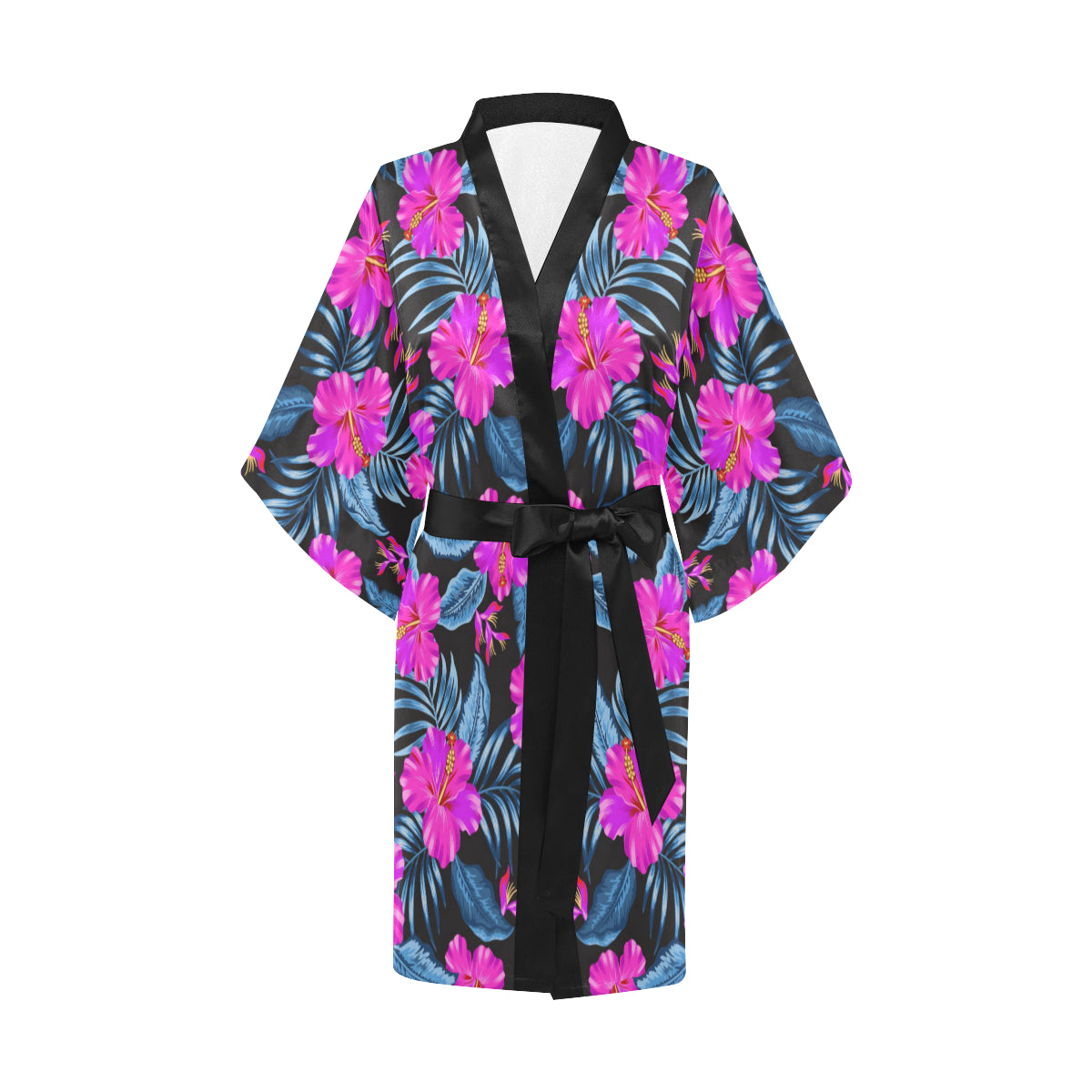 Neon Pink Hibiscus Pattern Print Design HB015 Women Kimono Robe