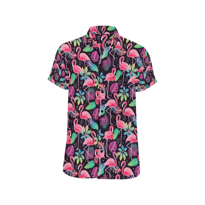 Flamingo Tropical leaves Neon Print Men's Short Sleeve Button Up Shirt
