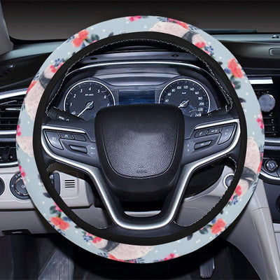 Panda Bear Flower Design Themed Print Steering Wheel Cover with Elastic Edge