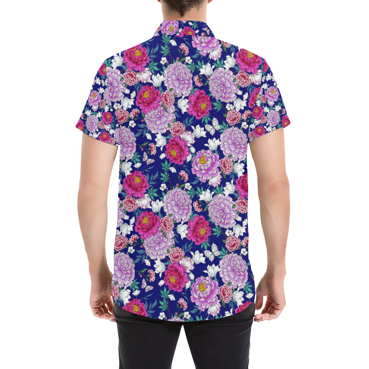 Dahlia Pattern Print Design DH013 Men's Short Sleeve Button Up Shirt