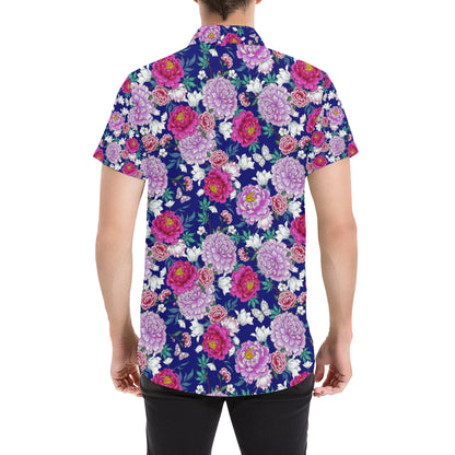 Dahlia Pattern Print Design DH013 Men's Short Sleeve Button Up Shirt
