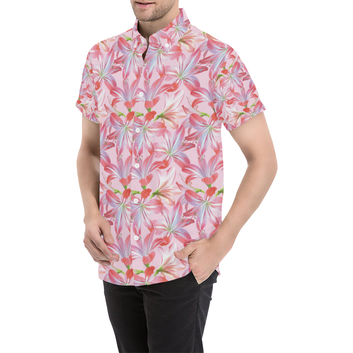 Amaryllis Pattern Print Design 02 Men's Short Sleeve Button Up Shirt