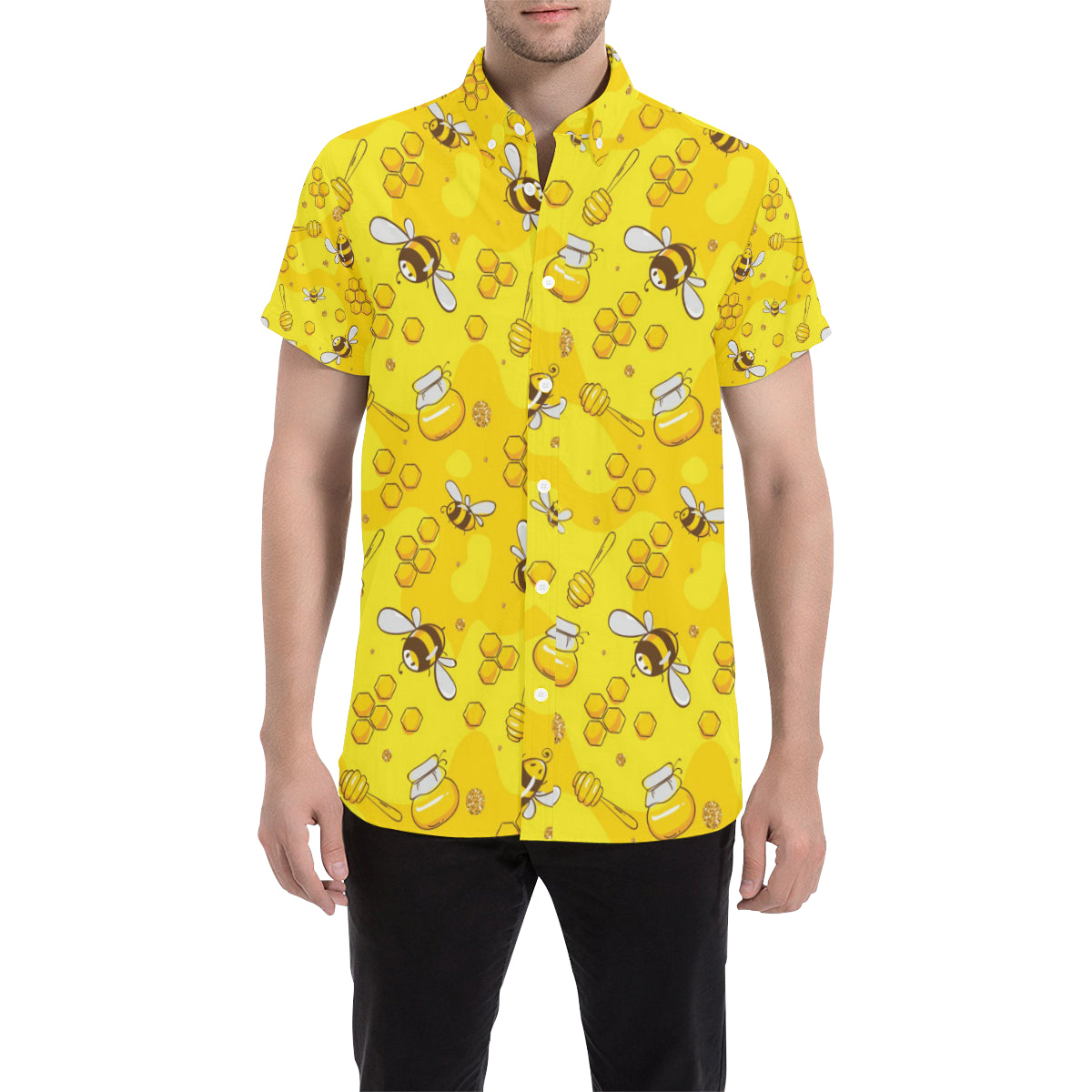 Bee Pattern Print Design BEE01 Men's Short Sleeve Button Up Shirt