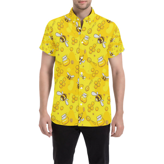 Bee Pattern Print Design BEE01 Men's Short Sleeve Button Up Shirt