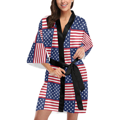 Patriotic US Flag Pattern Print Design A03 Women's Short Kimono