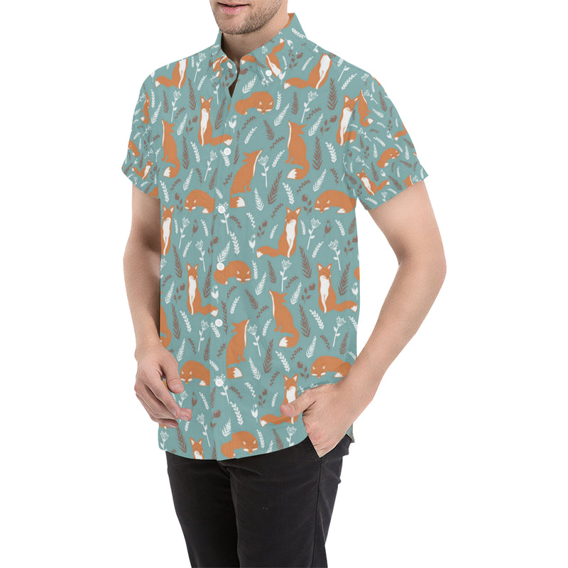 Fox Forest Print Pattern Men's Short Sleeve Button Up Shirt