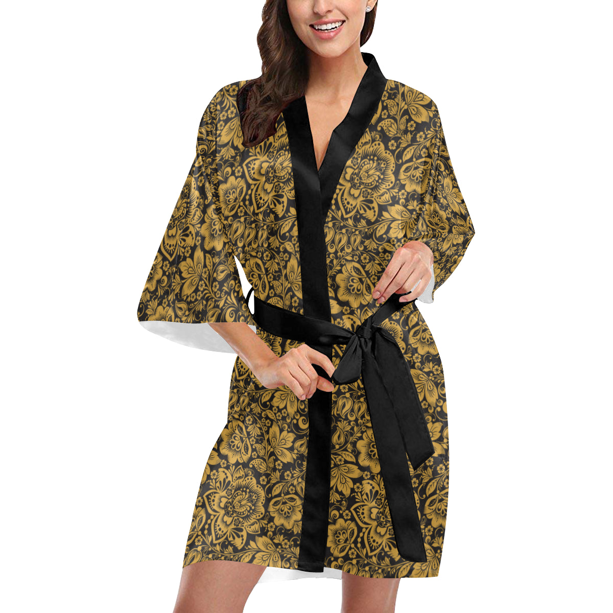 Brocade Gold Pattern Print Design 01 Women's Short Kimono