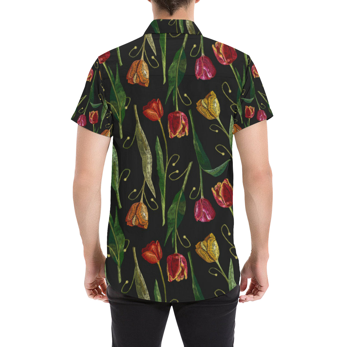 Tulip Embroidered Pattern Print Design TP01 Men's Short Sleeve Button Up Shirt