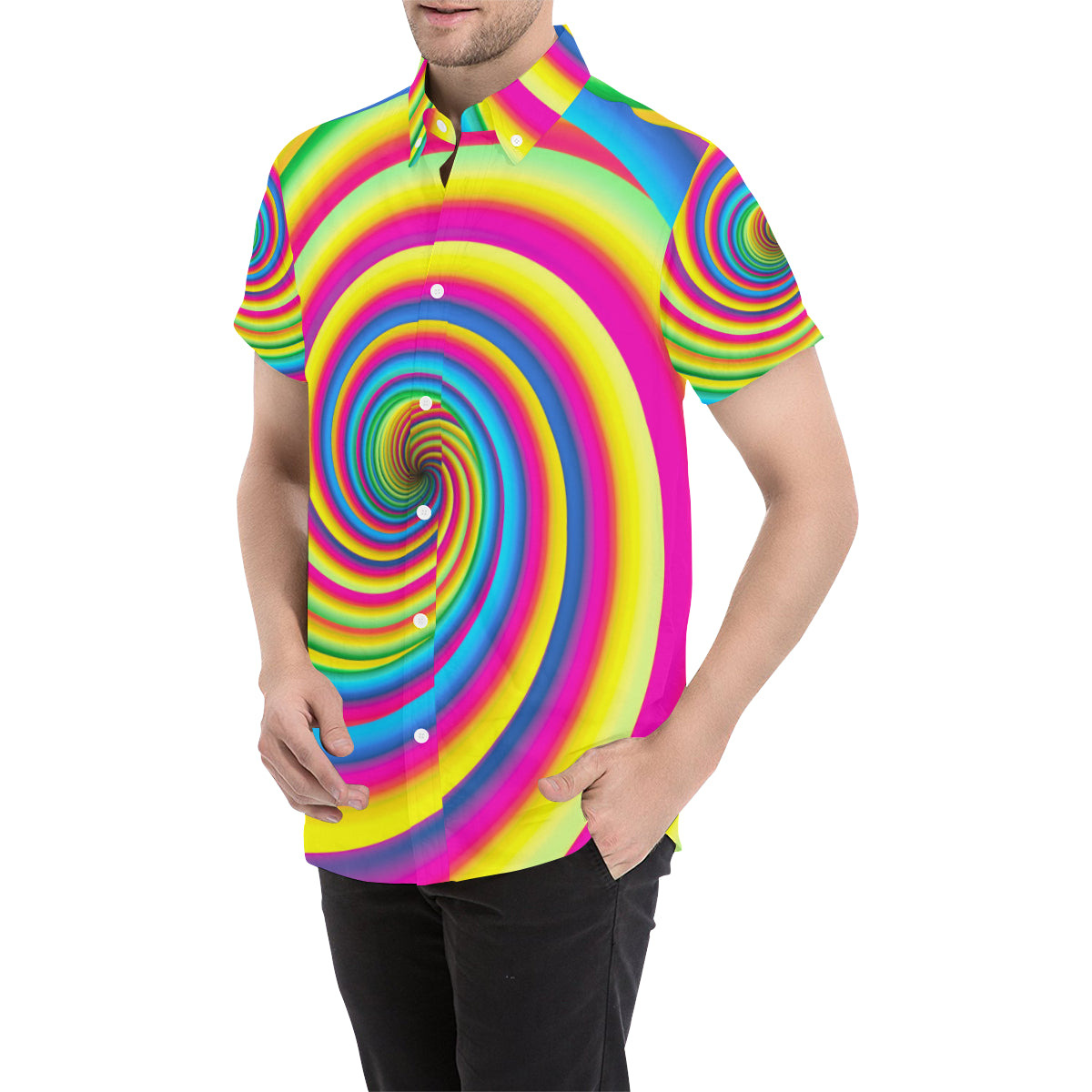 Vortex Twist Swirl Rainbow Design Men's Short Sleeve Button Up Shirt