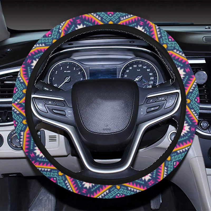 Indian Navajo Pink Themed Design Print Steering Wheel Cover with Elastic Edge