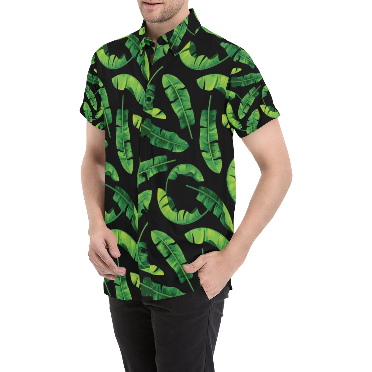 Banana Leaf Pattern Print Design BL02 Men's Short Sleeve Button Up Shirt