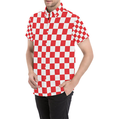 Checkered Red Pattern Print Design 04 Men's Short Sleeve Button Up Shirt