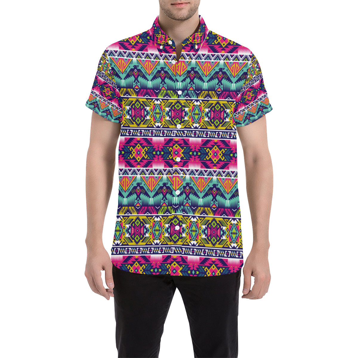 Indian Navajo Color Themed Design Print Men's Short Sleeve Button Up Shirt