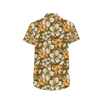 Lily Pattern Print Design 01 Men's Short Sleeve Button Up Shirt