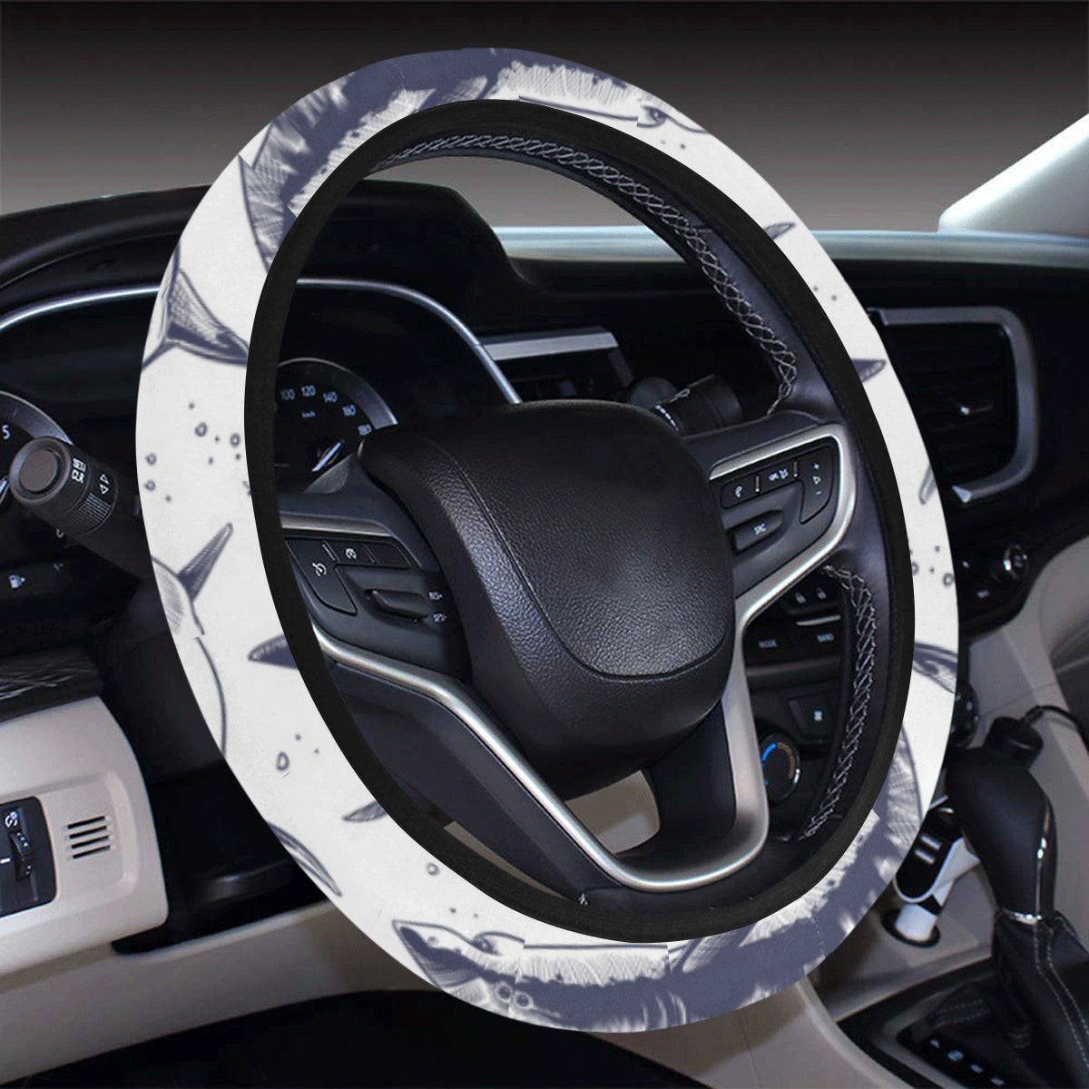 Great White Shark Pattern Print Design 02 Steering Wheel Cover with Elastic Edge
