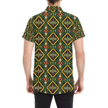 Kente Green Design African Print Men's Short Sleeve Button Up Shirt