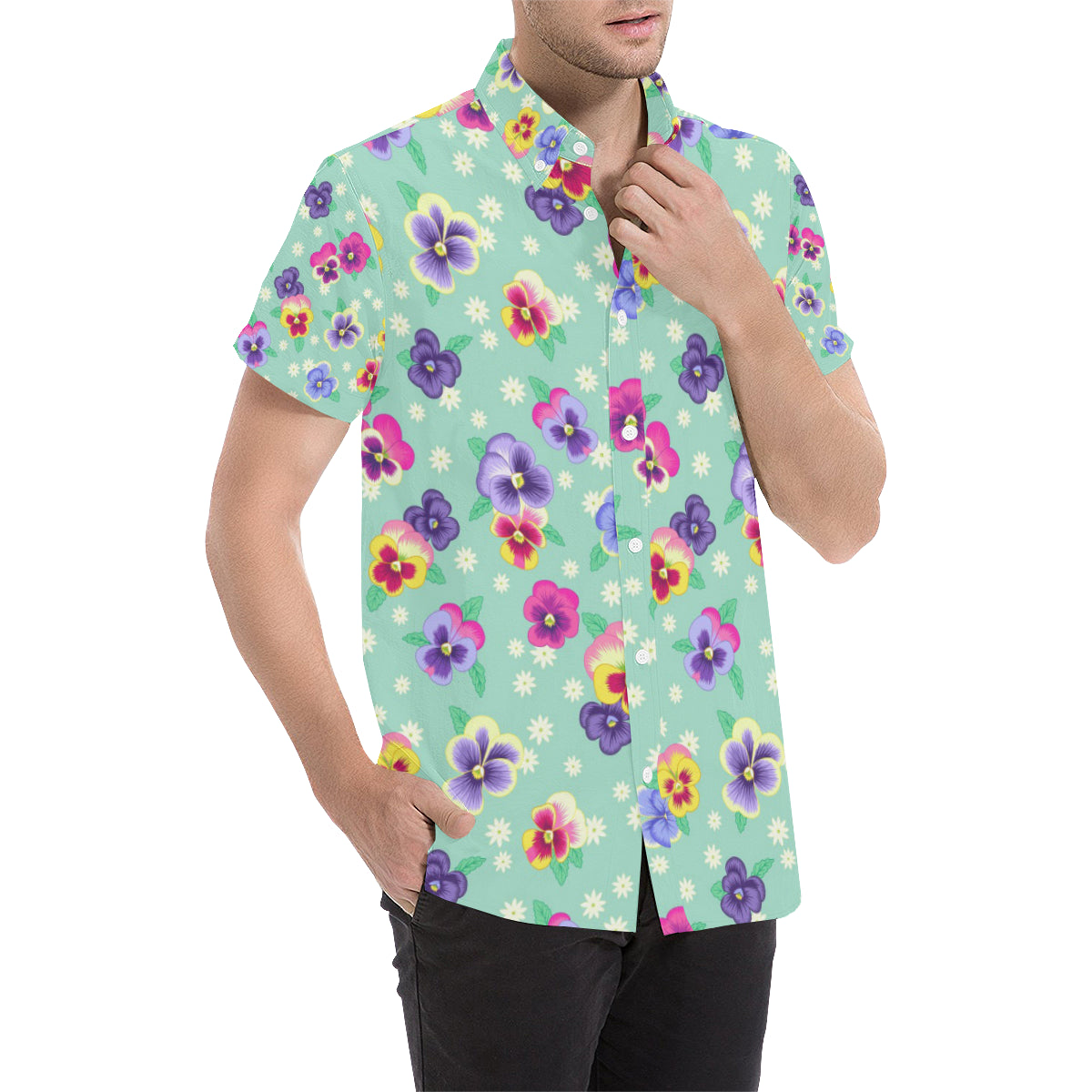 Pansy Pattern Print Design PS08 Men's Short Sleeve Button Up Shirt