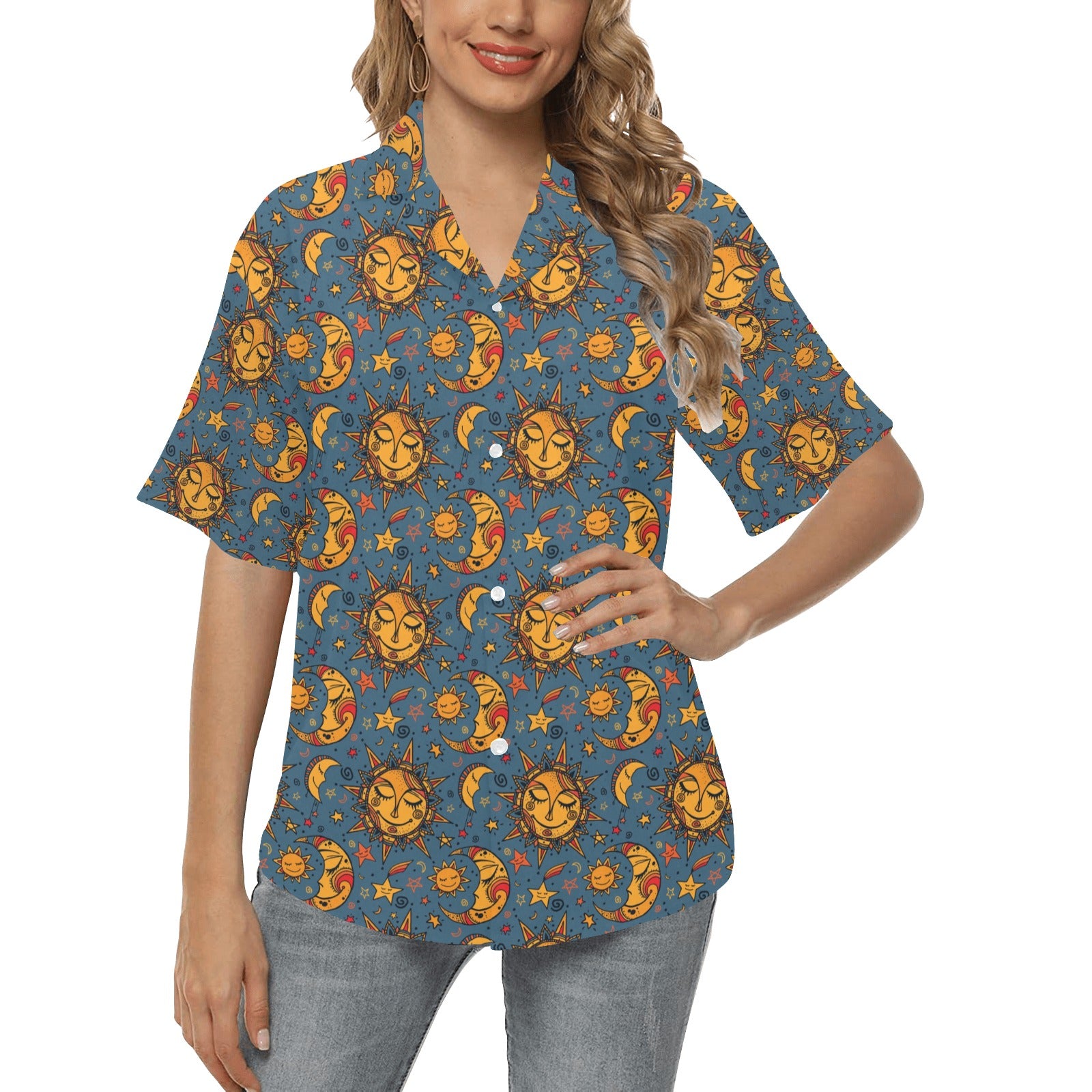 Celestial Moon Sun Pattern Print Design 02 Women's Hawaiian Shirt