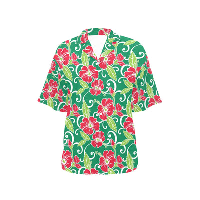 Red Hibiscus Pattern Print Design HB019 Women's Hawaiian Shirt