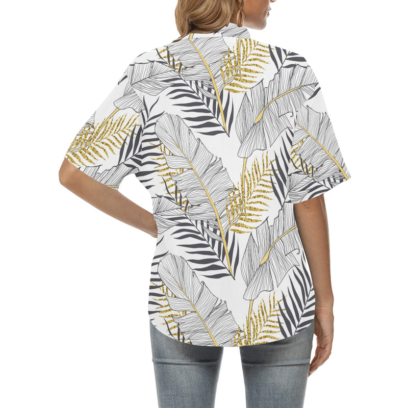 Gold Glitter Tropical Palm Leaves Women's Hawaiian Shirt