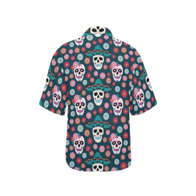 Sugar Skull Print Design LKS308 Women's Hawaiian Shirt